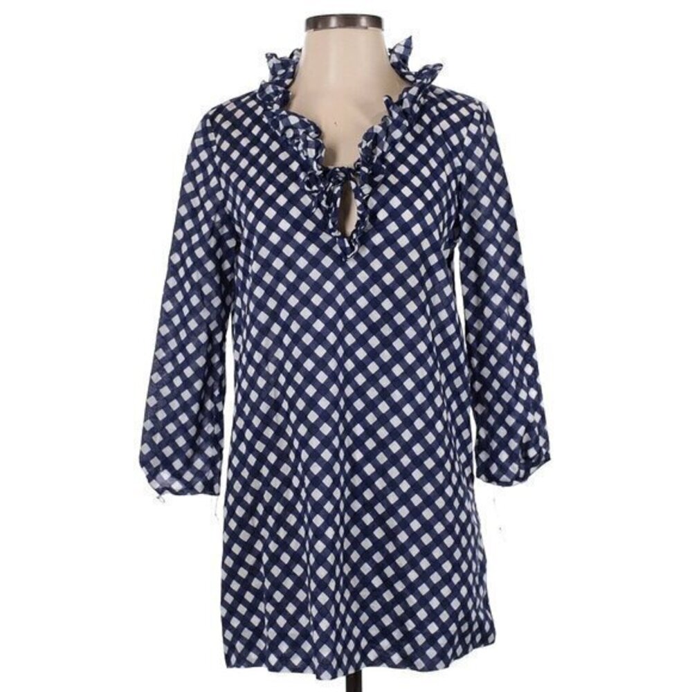 Kate Spade Gingham Print Ruffle Neck Tunic Top Size XXS